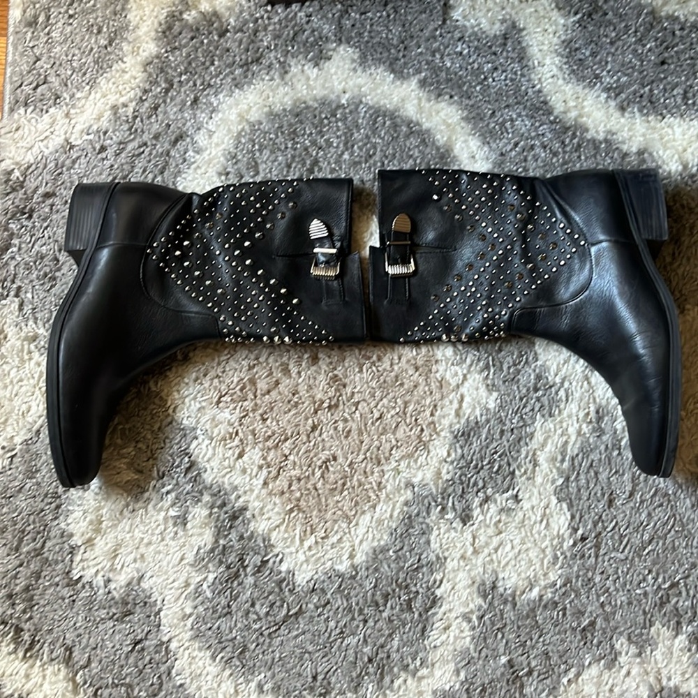 SCHUTZ Black Leather Studded Ankle Booties with Silver Hardware